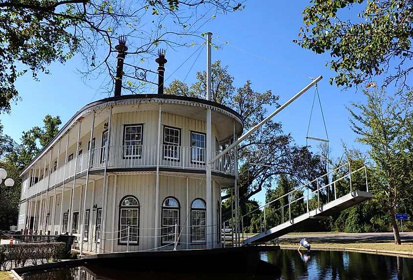 A double-decker paddle boat serves as a visitor's center for Greenville, Mississippi.