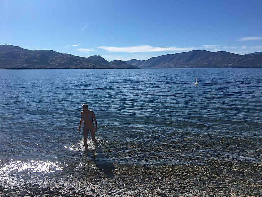 A woman in a bikini emerges from a lake on a sunny day.