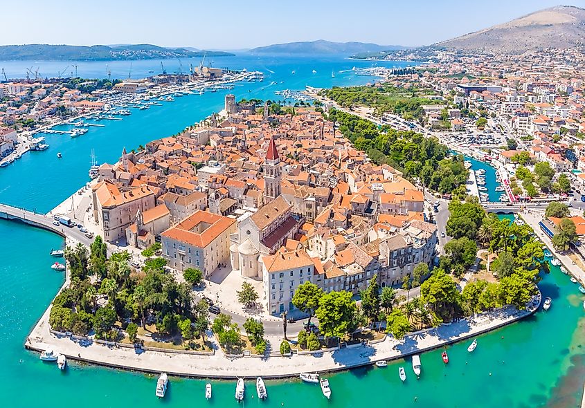 Aerial view of Trogir in summer in Croatia.