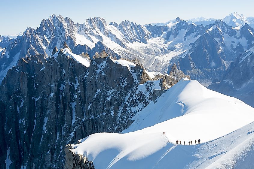 Mont Blanc mountaneers walking on snowy ridge. 