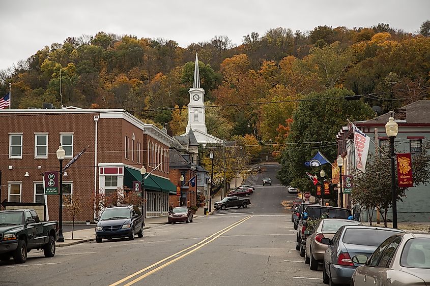 Beautiful Aurora, Indiana, enveloped in fall foliage