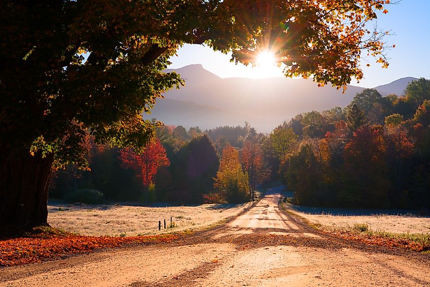 The sun rising over Camel's Hump viewed from Texas Hill Road, Huntington, Vermont