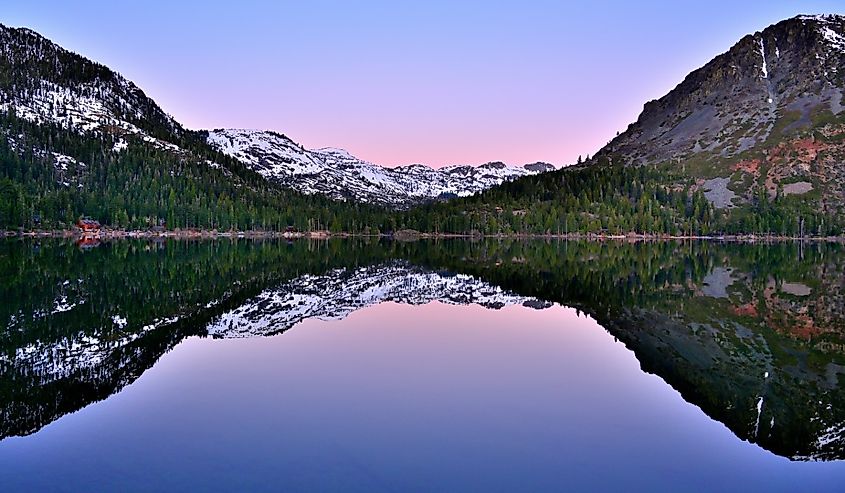 Looking toward the snow-covered Desolation Wilderness from Fallen Leaf Lake near Lake Tahoe, California.