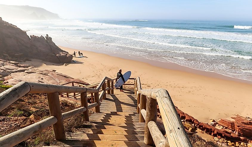 View to Praia do Amado, Beach and Surfer spot near Sagres and Lagos, Costa Vicentina Algarve Portugal