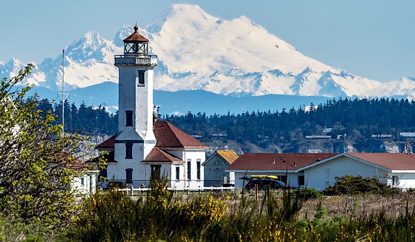 Mount Baker and lighthouse in Port Townsend, Washington