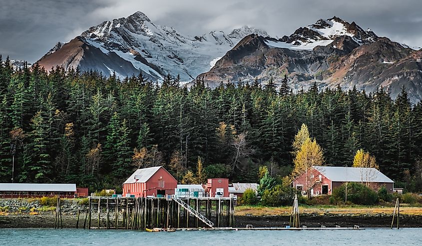 Cannery located in bay of Pacific Ocean is a part of famous fishing village Haines in Alaska in background with mountains and glaciers covered with snow during warm autumn sunny day