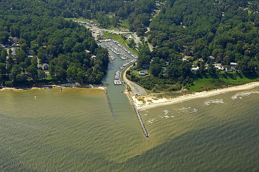 Aerial view of Flag Harbor Marina in St. Leonard, via 
