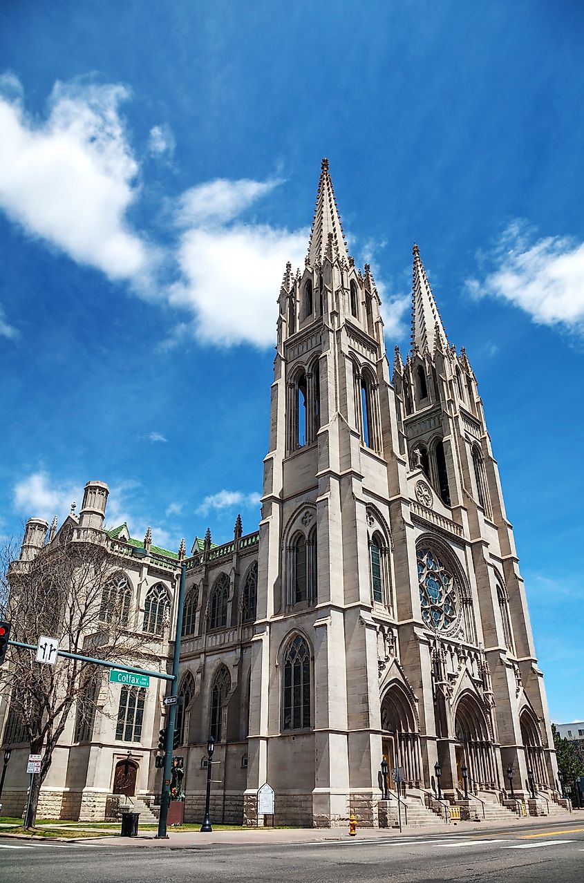 The Cathedral Basilica of the Immaculate Conception in Denver, Colorado on a sunny day.