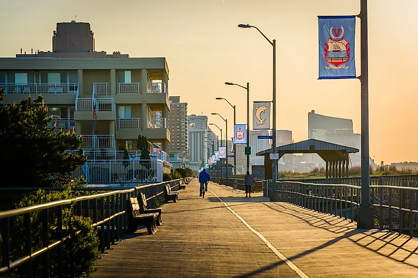 The boardwalk at sunrise in Ventnor City, New Jersey.