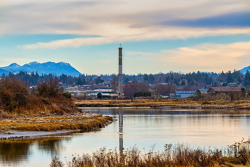 The Stillaguamish River winding through Stanwood, Washington.