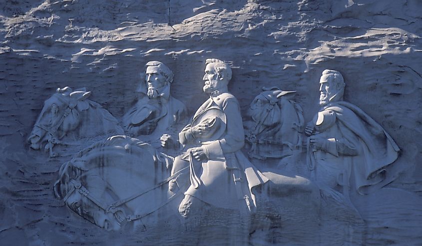 Confederate Civil War Memorial in Stone Mountain Park, Atlanta, GA, made of granite depicting Jefferson Davis, Robert E. Lee and Stonewall Jackson