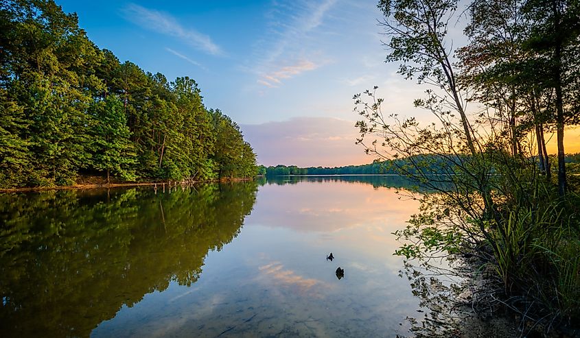 Lake Norman at sunset, at Parham Park in Davidson, North Carolina.