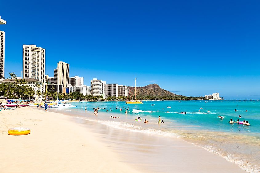 A beach in Honolulu, the biggest city in Hawaii.