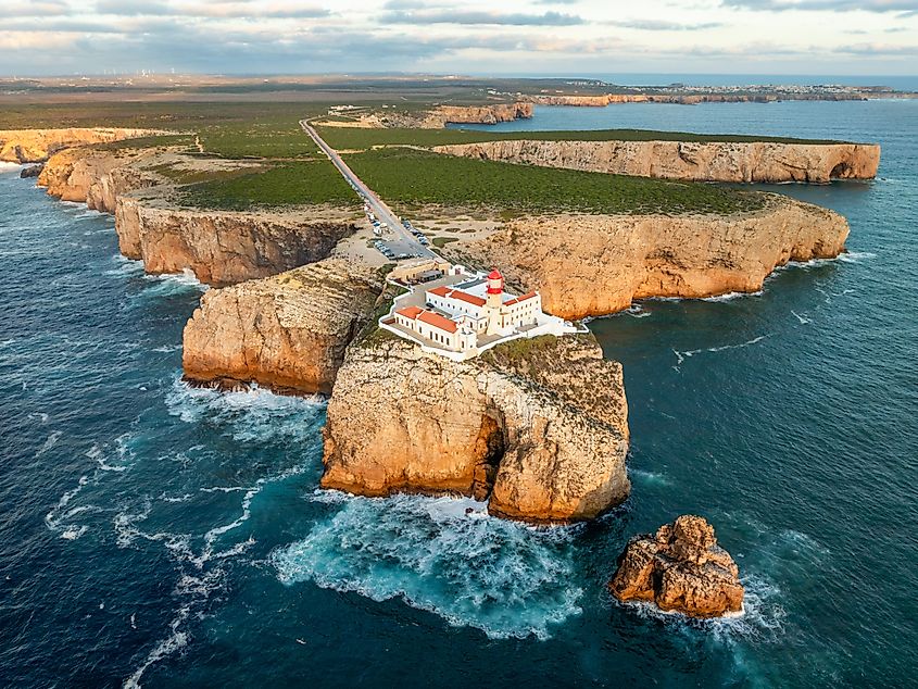 Drone view of the Lighthouse of Cabo de Sao Vicente in Sagres, Algarve, Portugal. 