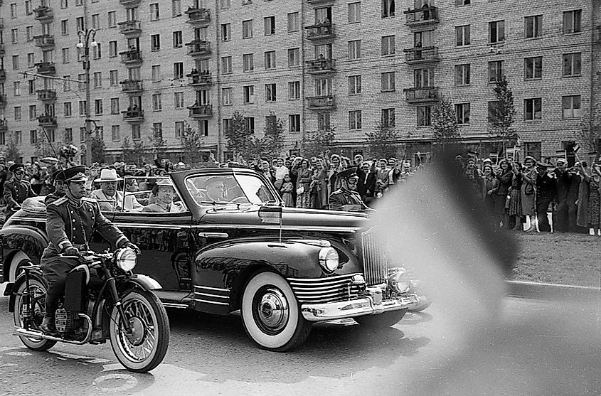 Moscow, USSR - July 10, 1959: Nikita Khrushchev and Walter Ulbricht drive to ZIS-110 along Leninsky prospekt Editorial credit: Real Sports Photos / Shutterstock.com.
