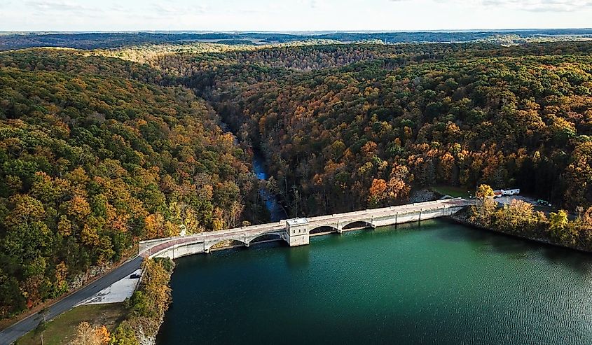 Aerial of Pretty Boy Reservoir Dam in Hampstead, Maryland during Fall