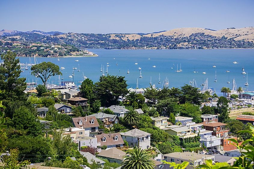 Aerial view of the bay and marina from the hills of Sausalito, San Francisco bay area, California