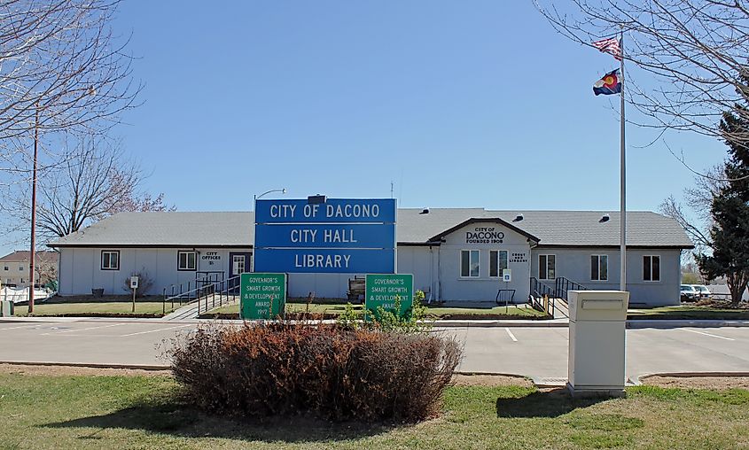 The city hall and library in Dacono, Colorado