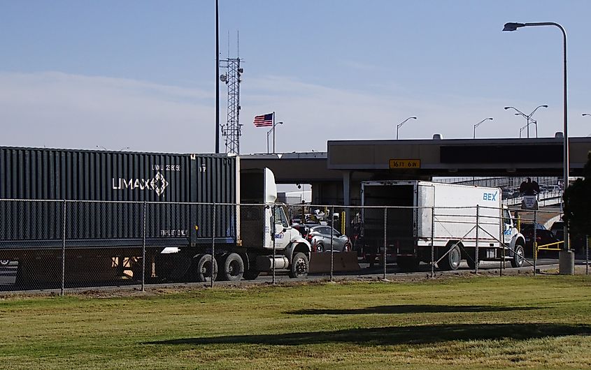 Trucks queued at the Mexican border checkpoint in El Paso, Texas.