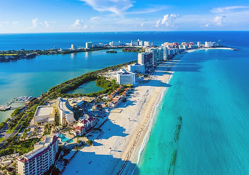 Aerial view looking north of the Hotel Zone (Zona Hotelera) and the beautiful beaches of Cancún, Mexico