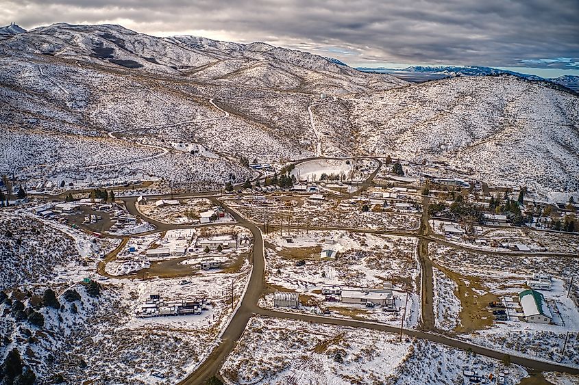 Aerial View of the tiny town of Austin, Nevada on Highway 50