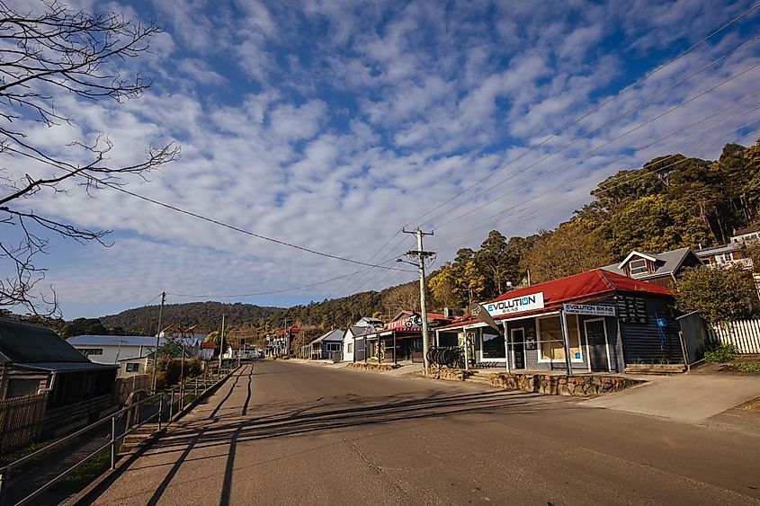 Iconic mining building architecture in the rural town of Derby on a cold spring morning in Tasmania, Australia