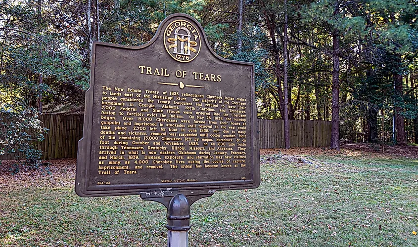 Calhoun, Georgia, USA-October 20, 2022: Historical marker giving information on the Trail of Tears at the New Echota State Historical Site for the Cherokee Nation.