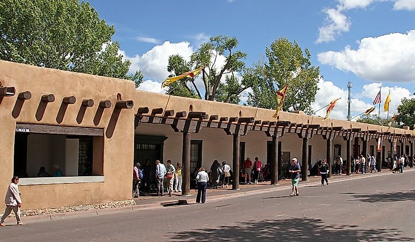 The Palace of the Governors is an adobe structure located on Palace Avenue on the Plaza of Santa Fe.