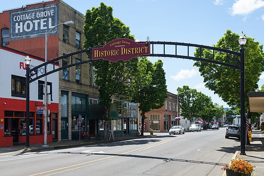 Arched sign across East Main Street in Cottage Grove Historic District Oregon