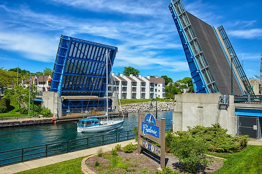 The jaw bridge in downtown Charlevoix that allows boat passage between Lake Michigan and Lake Charlevoix