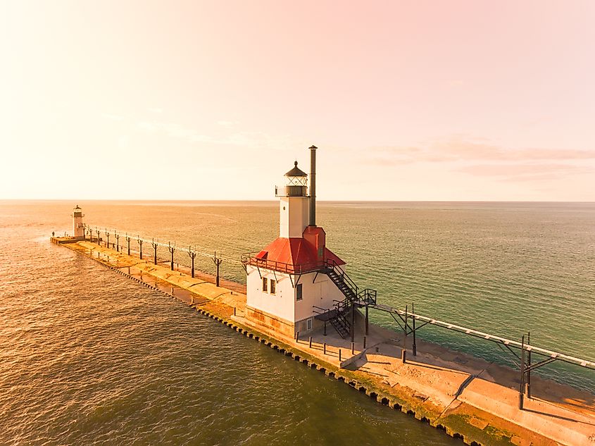  Sunset Drone shot of St. Joseph Pier in Michigan next to Silver Beach.