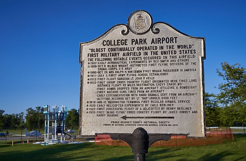 Sign showing the historical timeline of the College Park airport.