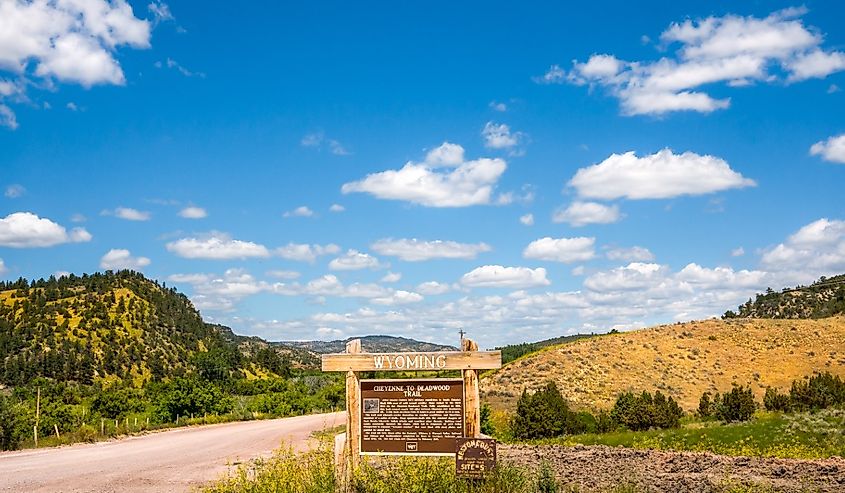 Cheyenne Wyoming travel sign with nature background at state border