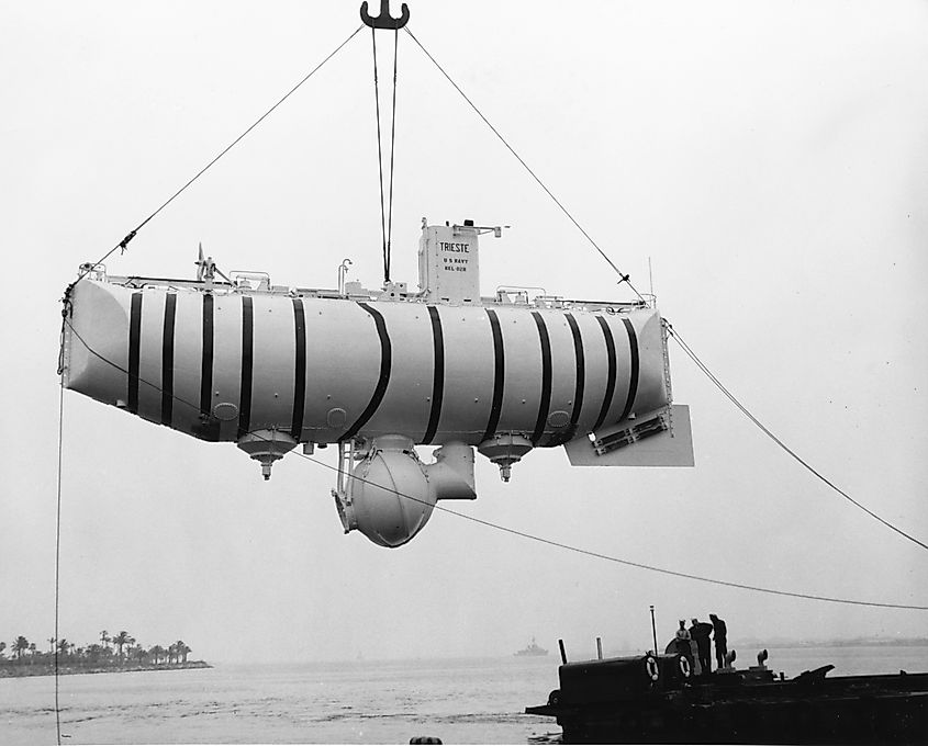 The bathyscaphe Trieste (designed by Auguste Piccard), the first crewed vehicle to reach the bottom of the Mariana Trench. 
