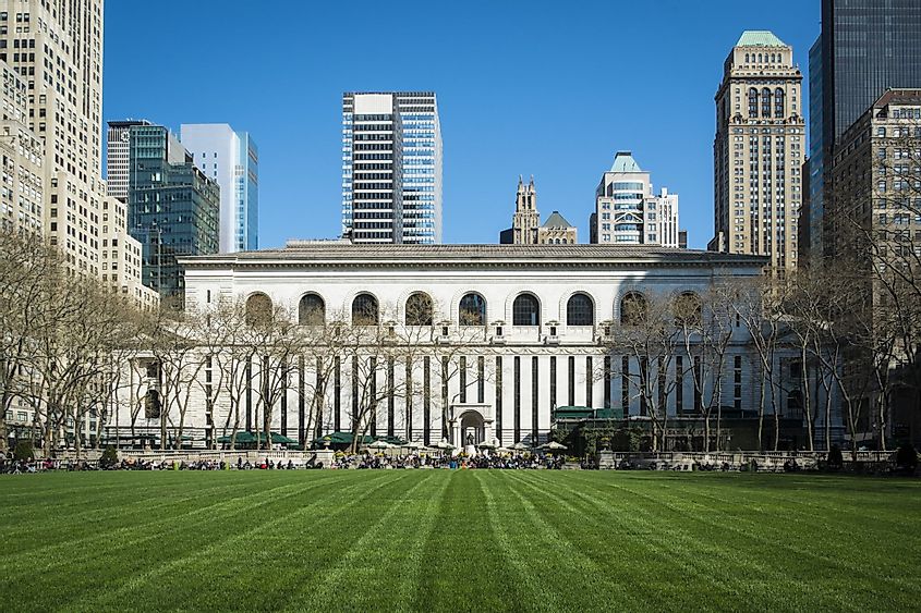 Bryant Park lawn and the New York Public Library
