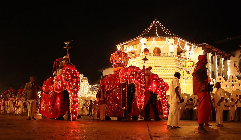 Parade with elephants at Esala Perahera Festival in Kandy, Sri Lanka