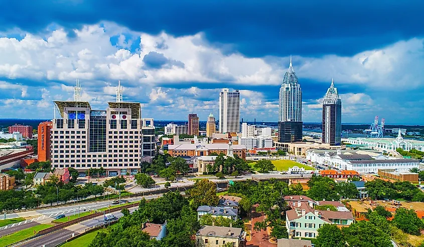 Drone Aerial View of Downtown Mobile Alabama skyline