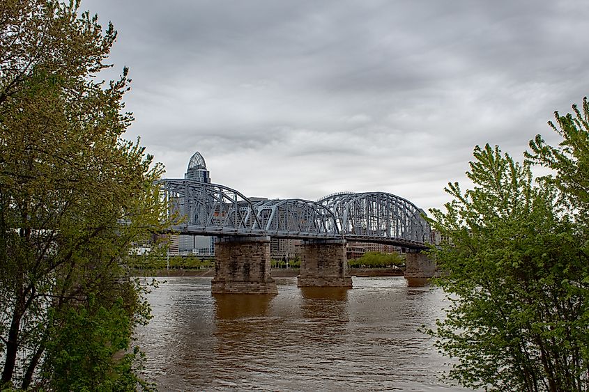 The suspension bridge across the Ohio River in Newport, Kentucky.