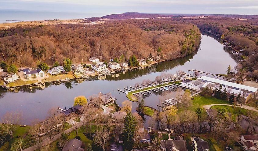 The Kalamazoo River running through Saugatuck, Michigan.