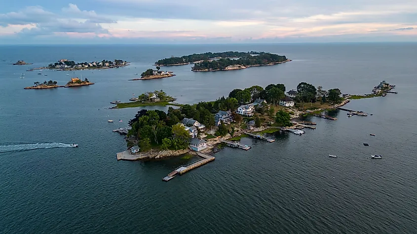 An aerial shot of the Thimble Islands in Branford, CT, USA. Via Shutterstock / Wirestock Creators.