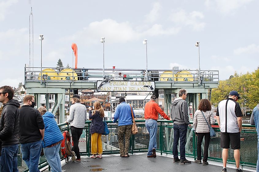 A view of a ferry boat departing the dock of Friday Harbor, Washington