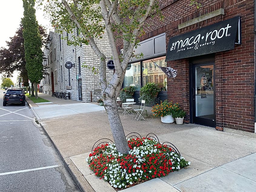 A bed of flowers stands before a red-brick juice & eatery called The Maca Root. 