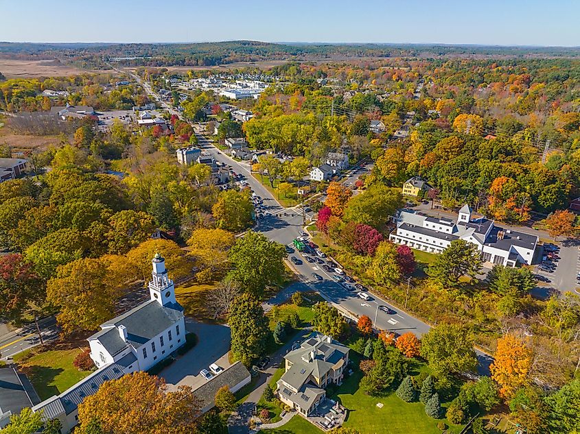 Aerial view of the historic town center of Wayland, Massachusetts.