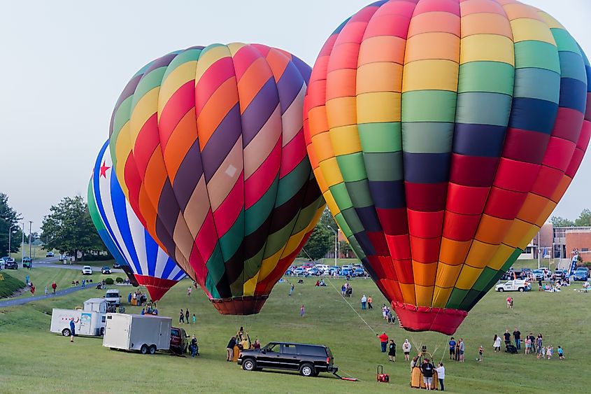 Hot air balloons preparing for flight at the annual Chautauqua Balloon Festival in Wytheville Virginia