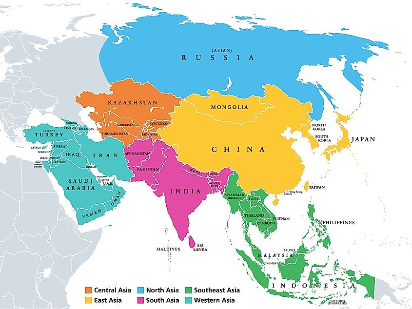Central, East, North, South, Southeast and Western Asia.