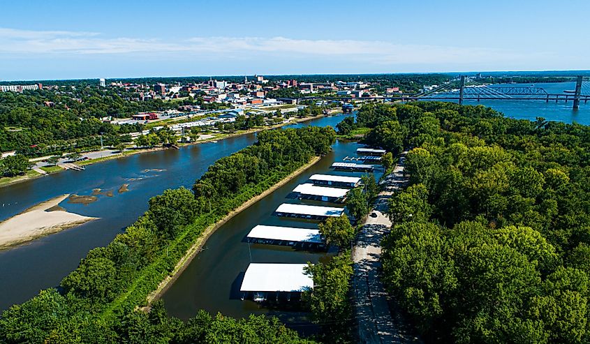 Mississippi River aerial views of Quincy, Illinois.