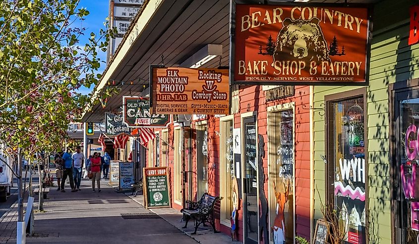 Shops along Canyon Street in West Yellowstone, Montana
