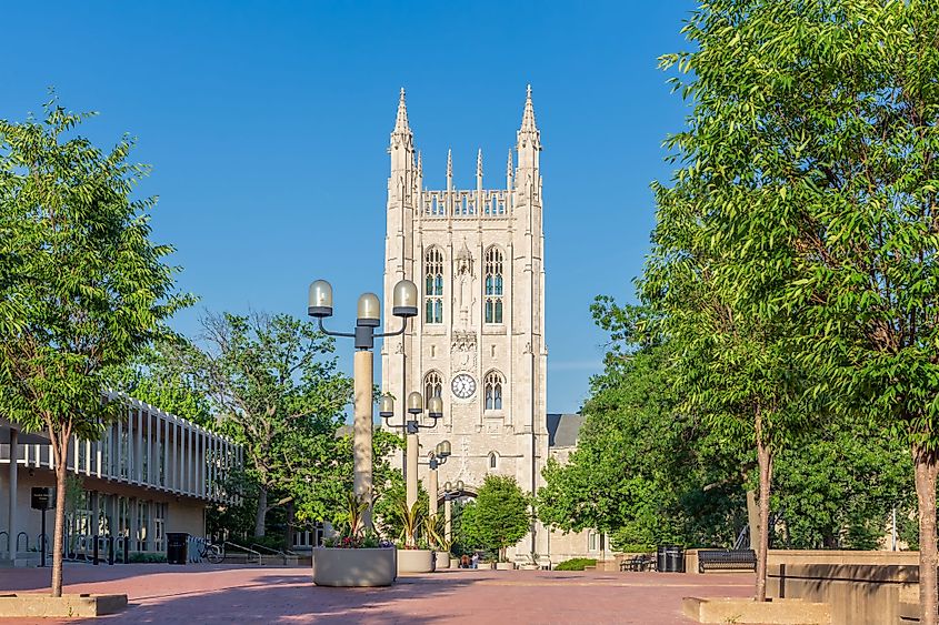 Memorial Union Tower and Lowry Mall in the campus of the University of Missouri