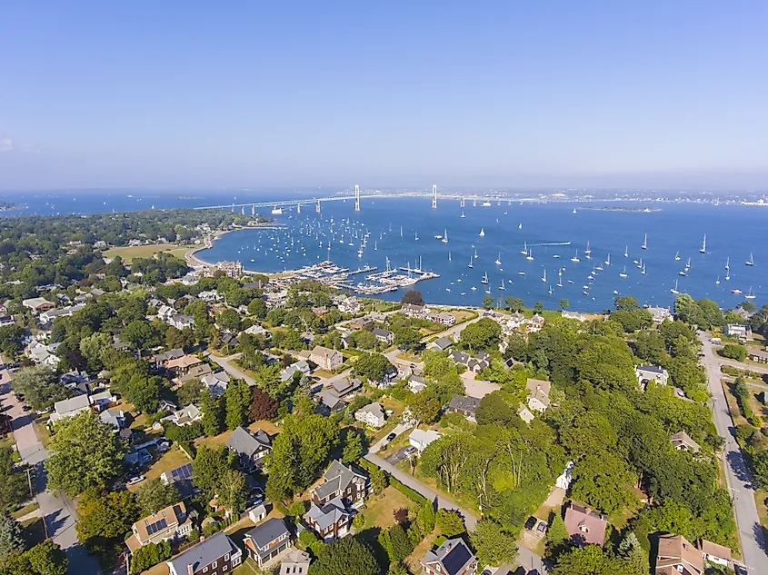 Claiborne Pell Newport Bridge on Narragansett Bay and town of Jamestown aerial view in summer, Jamestown on Conanicut Island, Rhode Island