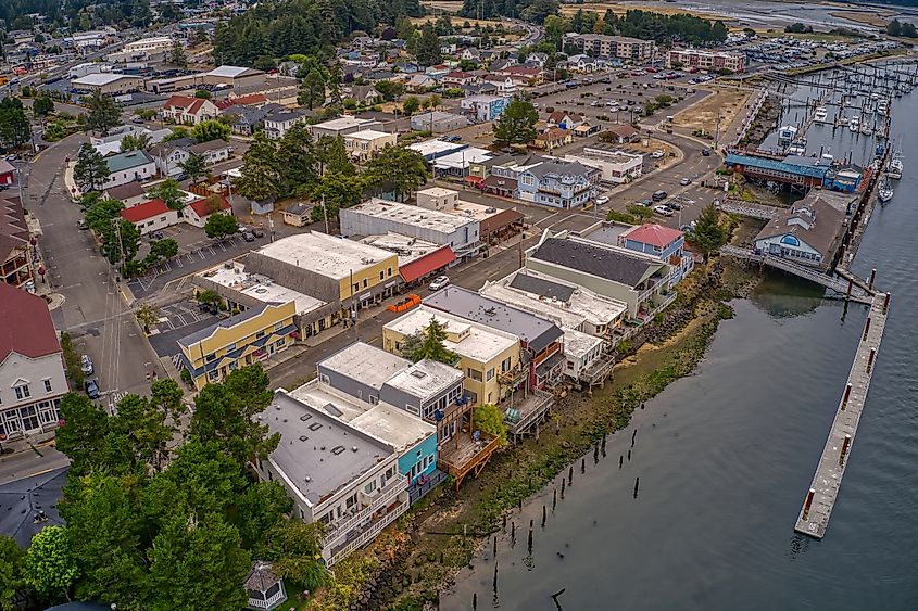 Aerial View of the Coastal Town of Florence, Oregon